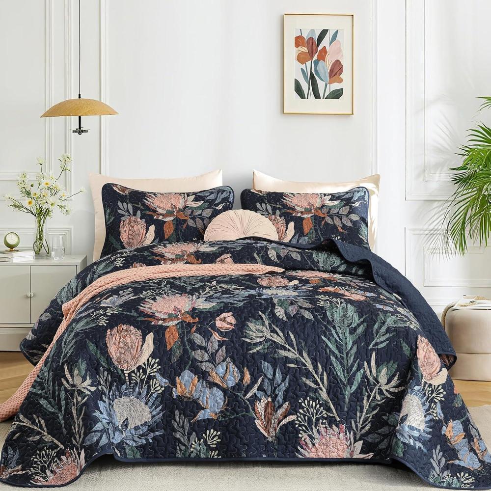 imageDintszyayue Quilt Queen Size Navy 3 Pieces Boho Floral Bedspread Bedding for Queen Size Bed Soft Lightweight Microfiber Coverlet Set for All Season Quilt with 2 PillowcasesNavy