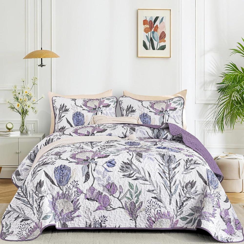 imageDintszyayue Quilt Queen Size Navy 3 Pieces Boho Floral Bedspread Bedding for Queen Size Bed Soft Lightweight Microfiber Coverlet Set for All Season Quilt with 2 PillowcasesPurple