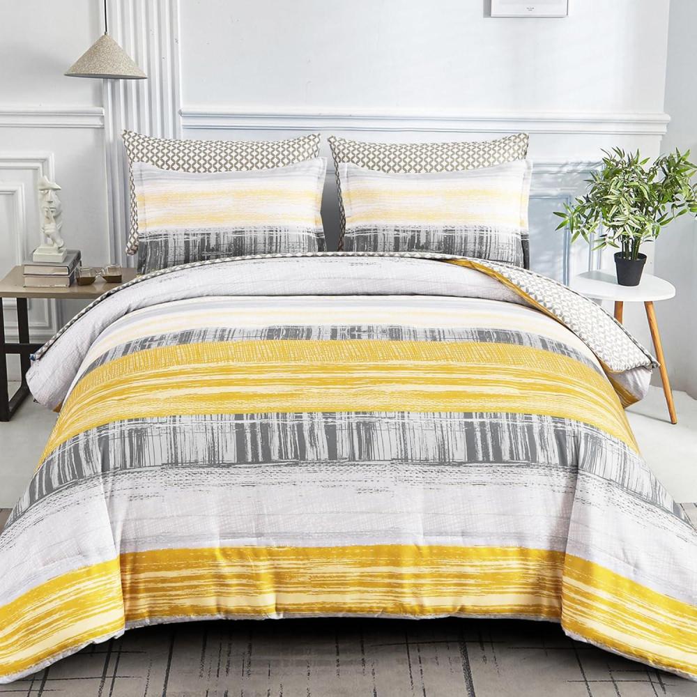 imageDintszyayue Yellow 7 Piece Stripe Patchwork Comforter Set KingMustard Yellow Bed in a Bag Bedding Set with SheetsPillowcases ampamp Shams Reversible Soft Microfiber Boho Comforter for All Season