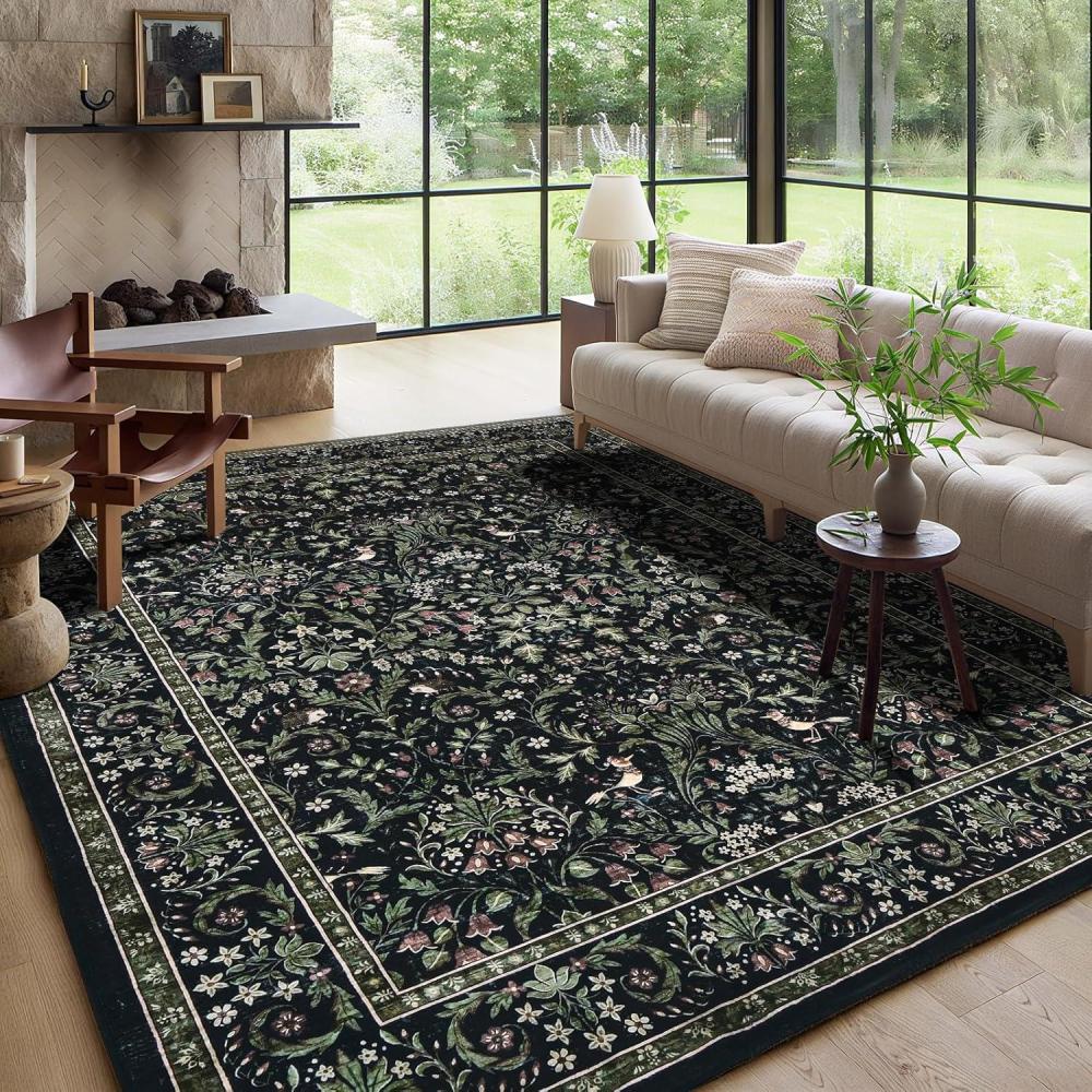 imageGreen Rugs for Living Room 5x7 Floral Washable Stain Resistant Non Slip Low Pile Carpet for Bedroom Dining Room02dark Green