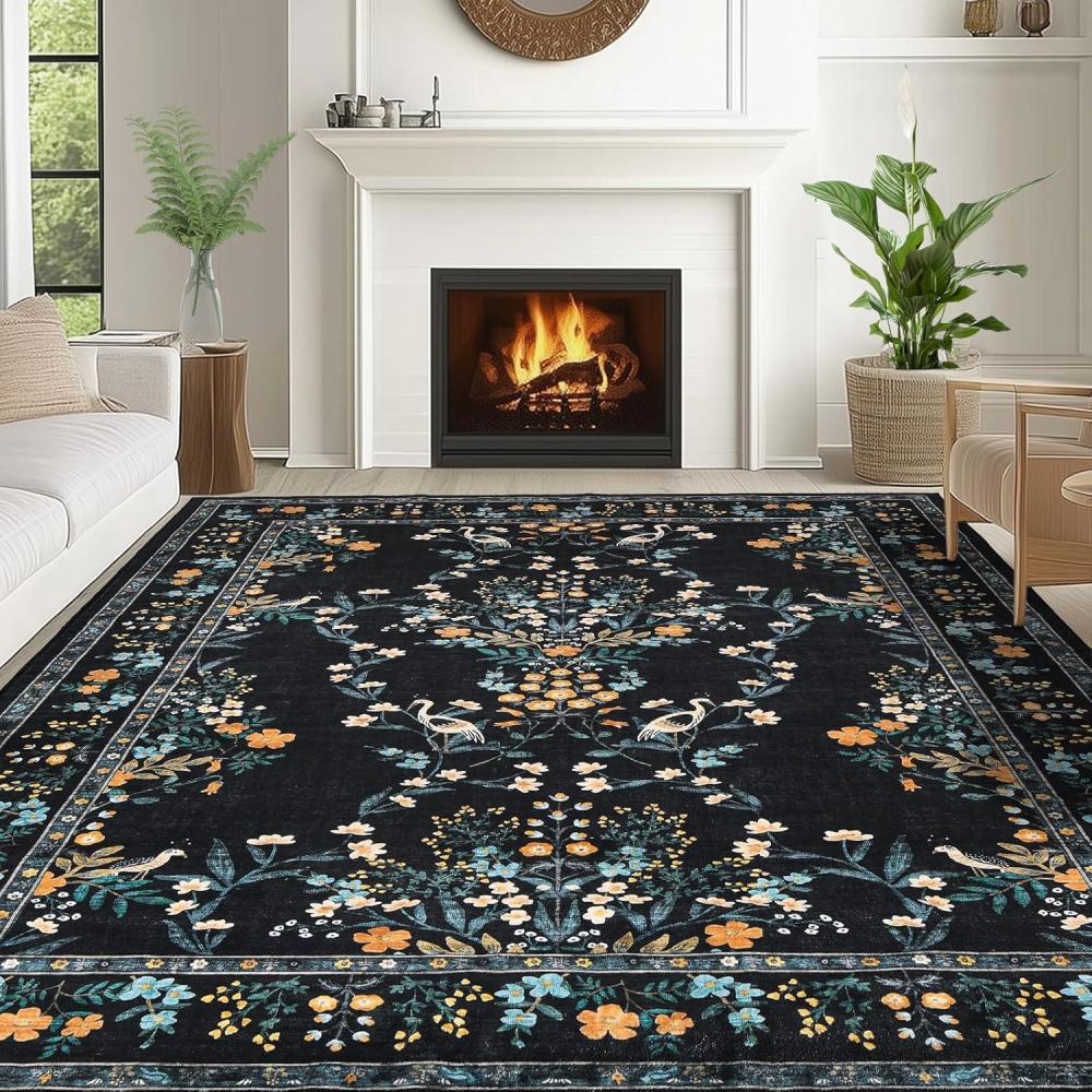 imageGreen Rugs for Living Room 5x7 Floral Washable Stain Resistant Non Slip Low Pile Carpet for Bedroom Dining Room05black