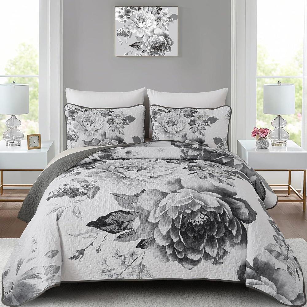 imageWONGS BEDDING Floral Quilt Set Blue Queen Size 3 Pieces Elegant Botanical Print Bedding Set for All Season Lightweight Reversible Bedspreads Coverlet Set with 2 Pillow ShamsGrey White