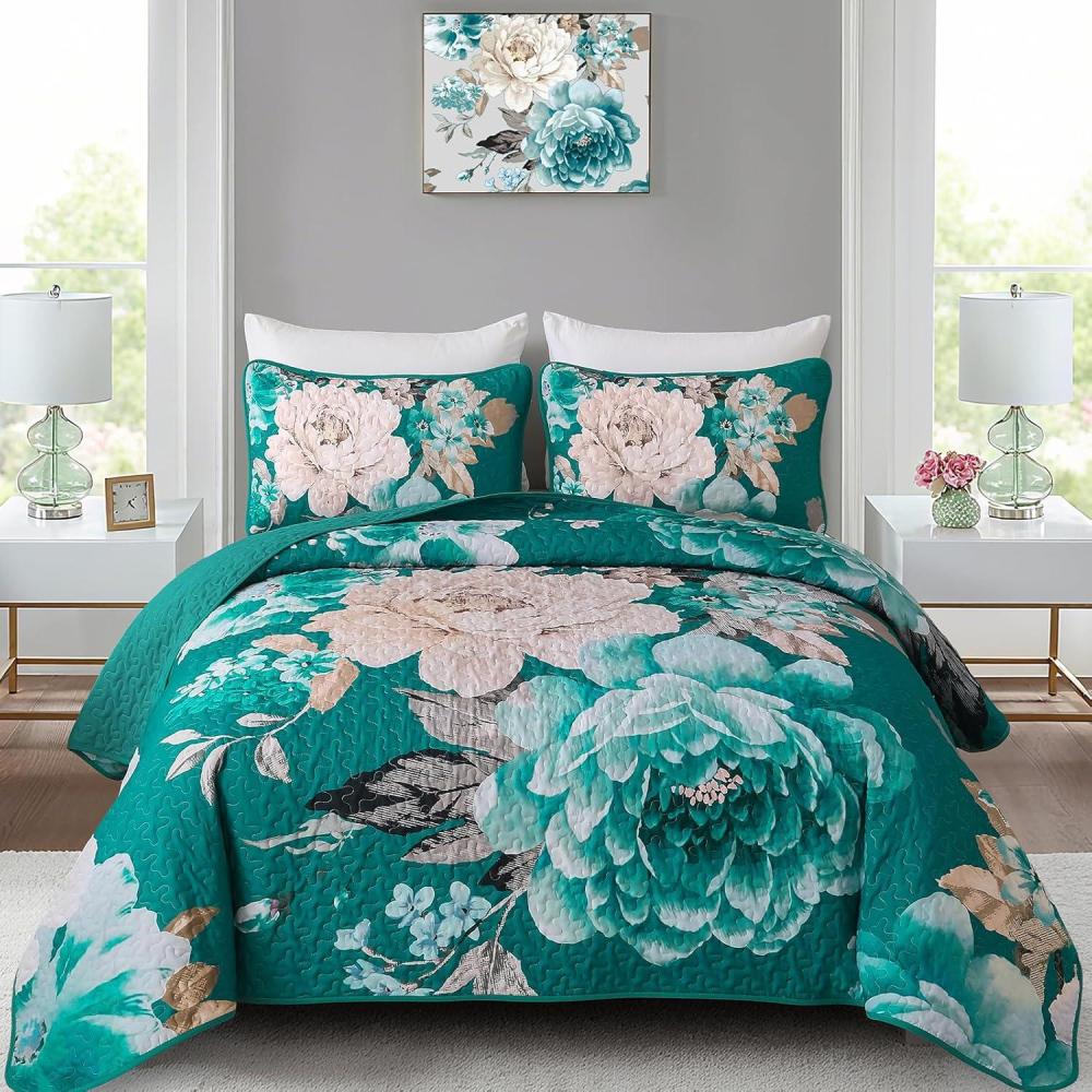 imageWONGS BEDDING Floral Quilt Set Blue Queen Size 3 Pieces Elegant Botanical Print Bedding Set for All Season Lightweight Reversible Bedspreads Coverlet Set with 2 Pillow ShamsTeal