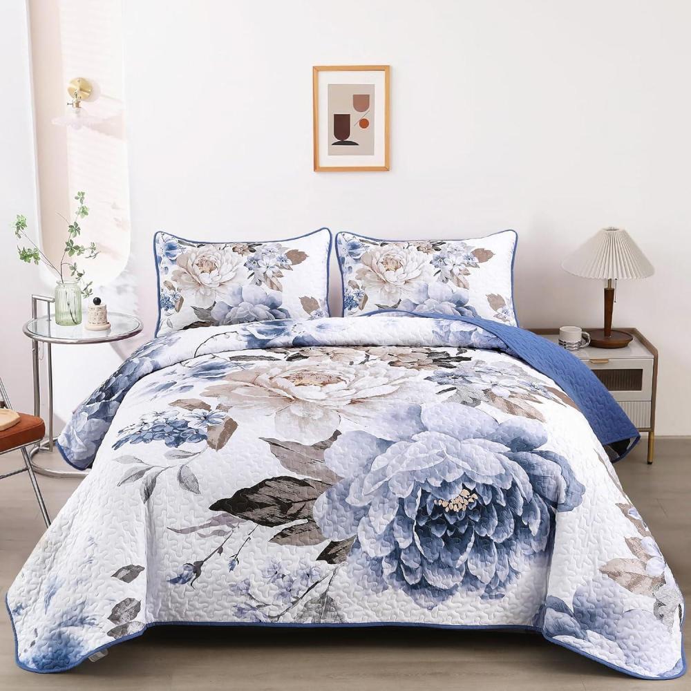 imageWONGS BEDDING Floral Quilt Set Blue Queen Size 3 Pieces Elegant Botanical Print Bedding Set for All Season Lightweight Reversible Bedspreads Coverlet Set with 2 Pillow ShamsBlue