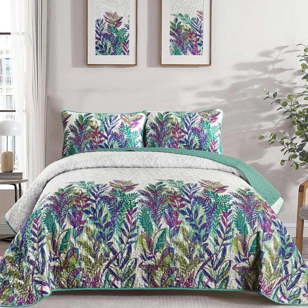 imageWONGS BEDDING Floral Quilt Set Blue Queen Size 3 Pieces Elegant Botanical Print Bedding Set for All Season Lightweight Reversible Bedspreads Coverlet Set with 2 Pillow ShamsPurple Green