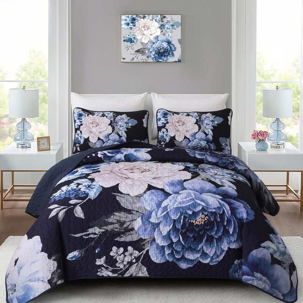 imageWONGS BEDDING Floral Quilt Set Blue Queen Size 3 Pieces Elegant Botanical Print Bedding Set for All Season Lightweight Reversible Bedspreads Coverlet Set with 2 Pillow ShamsNavy