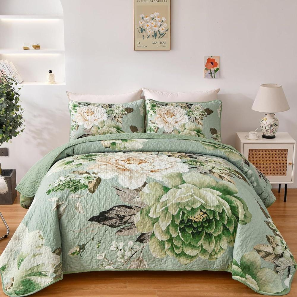 imageWONGS BEDDING Floral Quilt Set Blue Queen Size 3 Pieces Elegant Botanical Print Bedding Set for All Season Lightweight Reversible Bedspreads Coverlet Set with 2 Pillow ShamsSage Green
