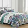 imageWONGS BEDDING Floral Quilt Set Blue Queen Size 3 Pieces Elegant Botanical Print Bedding Set for All Season Lightweight Reversible Bedspreads Coverlet Set with 2 Pillow ShamsPurple Green