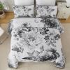 imageWONGS BEDDING Floral Quilt Set Blue Queen Size 3 Pieces Elegant Botanical Print Bedding Set for All Season Lightweight Reversible Bedspreads Coverlet Set with 2 Pillow ShamsGrey White