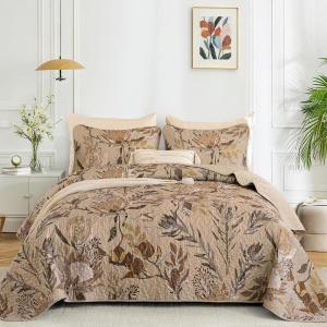 imageDintszyayue Quilt Queen Size Navy 3 Pieces Boho Floral Bedspread Bedding for Queen Size Bed Soft Lightweight Microfiber Coverlet Set for All Season Quilt with 2 PillowcasesBrown