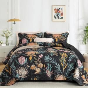 imageDintszyayue Quilt Queen Size Navy 3 Pieces Boho Floral Bedspread Bedding for Queen Size Bed Soft Lightweight Microfiber Coverlet Set for All Season Quilt with 2 PillowcasesBlack