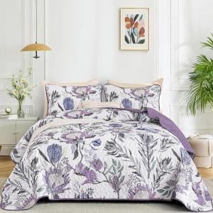 imageDintszyayue Quilt Queen Size Navy 3 Pieces Boho Floral Bedspread Bedding for Queen Size Bed Soft Lightweight Microfiber Coverlet Set for All Season Quilt with 2 PillowcasesPurple