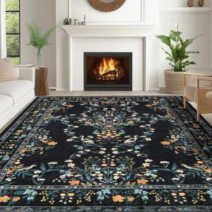 imageGreen Rugs for Living Room 5x7 Floral Washable Stain Resistant Non Slip Low Pile Carpet for Bedroom Dining Room05black