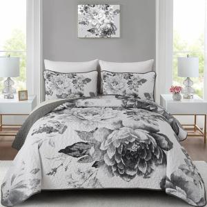 imageWONGS BEDDING Floral Quilt Set Blue Queen Size 3 Pieces Elegant Botanical Print Bedding Set for All Season Lightweight Reversible Bedspreads Coverlet Set with 2 Pillow ShamsGrey White