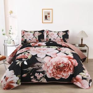 imageWONGS BEDDING Floral Quilt Set Blue Queen Size 3 Pieces Elegant Botanical Print Bedding Set for All Season Lightweight Reversible Bedspreads Coverlet Set with 2 Pillow ShamsBlack