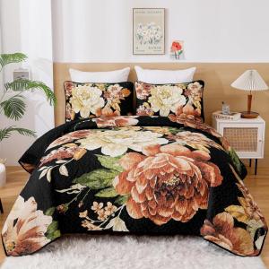 imageWONGS BEDDING Floral Quilt Set Blue Queen Size 3 Pieces Elegant Botanical Print Bedding Set for All Season Lightweight Reversible Bedspreads Coverlet Set with 2 Pillow ShamsBlack Boho