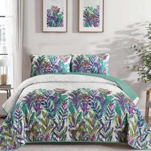 imageWONGS BEDDING Floral Quilt Set Blue Queen Size 3 Pieces Elegant Botanical Print Bedding Set for All Season Lightweight Reversible Bedspreads Coverlet Set with 2 Pillow ShamsPurple Green
