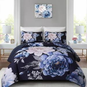 imageWONGS BEDDING Floral Quilt Set Blue Queen Size 3 Pieces Elegant Botanical Print Bedding Set for All Season Lightweight Reversible Bedspreads Coverlet Set with 2 Pillow ShamsNavy