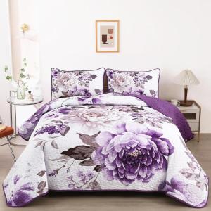 imageWONGS BEDDING Floral Quilt Set Blue Queen Size 3 Pieces Elegant Botanical Print Bedding Set for All Season Lightweight Reversible Bedspreads Coverlet Set with 2 Pillow ShamsPurple