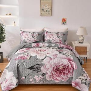 imageWONGS BEDDING Floral Quilt Set Blue Queen Size 3 Pieces Elegant Botanical Print Bedding Set for All Season Lightweight Reversible Bedspreads Coverlet Set with 2 Pillow ShamsGrey