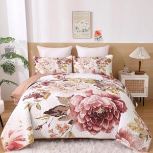 imageWONGS BEDDING Floral Quilt Set Blue Queen Size 3 Pieces Elegant Botanical Print Bedding Set for All Season Lightweight Reversible Bedspreads Coverlet Set with 2 Pillow ShamsBlush