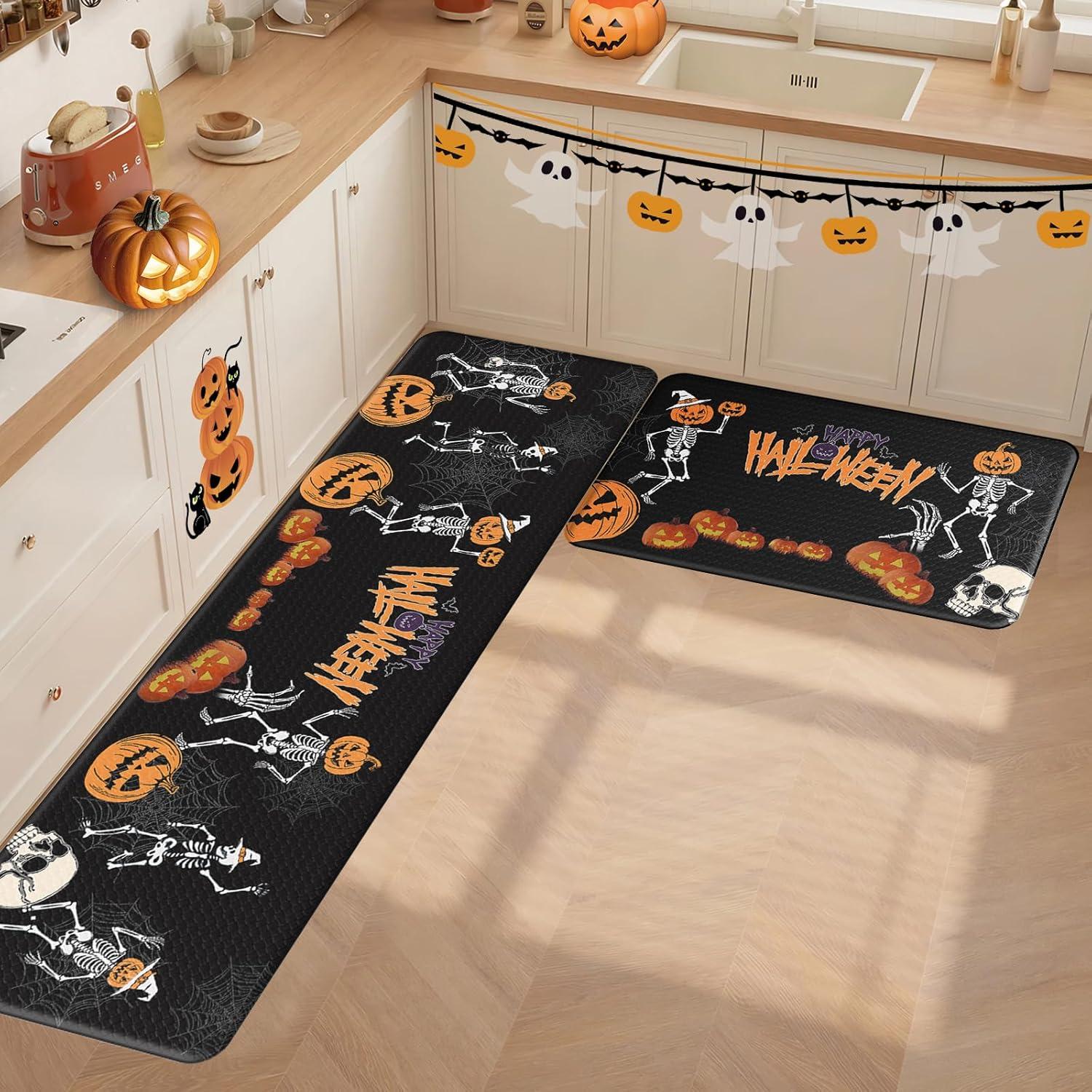 imageDintszyayue Halloween Kitchen Mats Set of 2 Cute Non Slip Soft Pumpkin Witches Black Cat Ghos Halloween Party Decor 17quotx30quot17quotx59quotSkeletons Pumpkin