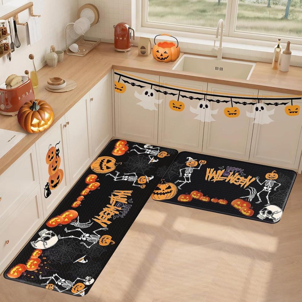 imageDintszyayue Halloween Kitchen Mats Set of 2 Cute Non Slip Soft Pumpkin Witches Black Cat Ghos Halloween Party Decor 17quotx30quot17quotx59quotSkeletons Pumpkin