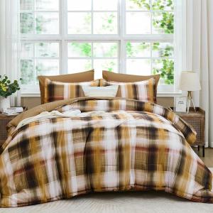 imageDintszyayue Plaid Comforter Set Queen Size 7 Pieces Green Bed in a Bag Reversible Bedding Set Soft Microfiber Bed Comforter Set Cozy Checkered Bed Set for All Season with SheetsPillowcases ampamp ShamsBrown