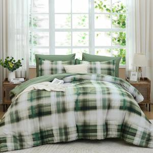 imageDintszyayue Plaid Comforter Set Queen Size 7 Pieces Green Bed in a Bag Reversible Bedding Set Soft Microfiber Bed Comforter Set Cozy Checkered Bed Set for All Season with SheetsPillowcases ampamp ShamsGreen