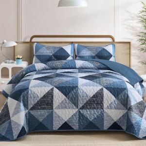 imageDintszyayue Navy Blue Quilt King Size 3 Pieces Patchwork Bedspread Bedding for King Size Bed Soft Lightweight Microfiber Geometric Coverlet Set for All Spring Quilt with 2 Pillowcases104 x90Navy Blue