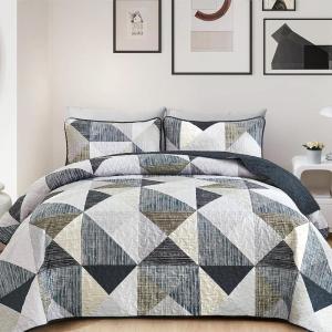 imageDintszyayue Navy Blue Quilt King Size 3 Pieces Patchwork Bedspread Bedding for King Size Bed Soft Lightweight Microfiber Geometric Coverlet Set for All Spring Quilt with 2 Pillowcases104 x90Grey Blue