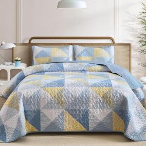 imageDintszyayue Navy Blue Quilt King Size 3 Pieces Patchwork Bedspread Bedding for King Size Bed Soft Lightweight Microfiber Geometric Coverlet Set for All Spring Quilt with 2 Pillowcases104 x90Blue Yellow