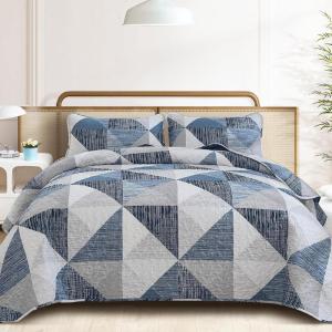 imageDintszyayue Navy Blue Quilt King Size 3 Pieces Patchwork Bedspread Bedding for King Size Bed Soft Lightweight Microfiber Geometric Coverlet Set for All Spring Quilt with 2 Pillowcases104 x90Blue