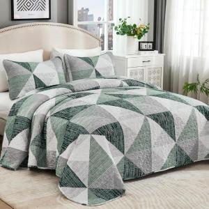 imageDintszyayue Navy Blue Quilt King Size 3 Pieces Patchwork Bedspread Bedding for King Size Bed Soft Lightweight Microfiber Geometric Coverlet Set for All Spring Quilt with 2 Pillowcases104 x90Green