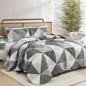 imageDintszyayue Navy Blue Quilt King Size 3 Pieces Patchwork Bedspread Bedding for King Size Bed Soft Lightweight Microfiber Geometric Coverlet Set for All Spring Quilt with 2 Pillowcases104 x90Grey