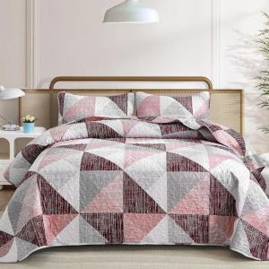 imageDintszyayue Navy Blue Quilt King Size 3 Pieces Patchwork Bedspread Bedding for King Size Bed Soft Lightweight Microfiber Geometric Coverlet Set for All Spring Quilt with 2 Pillowcases104 x90Pink