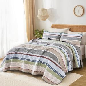 imageDintszyayue Quilt Queen Size Grey White 3 Pieces Boho Striped Bedspread Bedding for Queen Size Bed Soft Lightweight Microfiber Bohemian Coverlet Set for All Season Quilts with 2 PillowcasesSage Grey