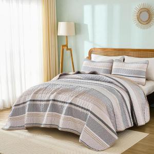 imageDintszyayue Quilt Queen Size Grey White 3 Pieces Boho Striped Bedspread Bedding for Queen Size Bed Soft Lightweight Microfiber Bohemian Coverlet Set for All Season Quilts with 2 PillowcasesKhaki Grey