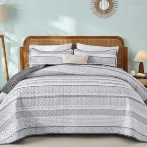 imageDintszyayue Quilt Queen Size Grey White 3 Pieces Boho Striped Bedspread Bedding for Queen Size Bed Soft Lightweight Microfiber Bohemian Coverlet Set for All Season Quilts with 2 PillowcasesGrey