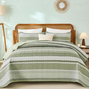 imageDintszyayue Quilt Queen Size Grey White 3 Pieces Boho Striped Bedspread Bedding for Queen Size Bed Soft Lightweight Microfiber Bohemian Coverlet Set for All Season Quilts with 2 PillowcasesSage Green01
