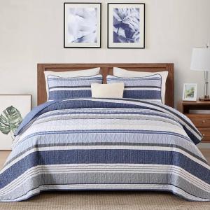 imageDintszyayue Quilt Queen Size Grey White 3 Pieces Boho Striped Bedspread Bedding for Queen Size Bed Soft Lightweight Microfiber Bohemian Coverlet Set for All Season Quilts with 2 PillowcasesNavy
